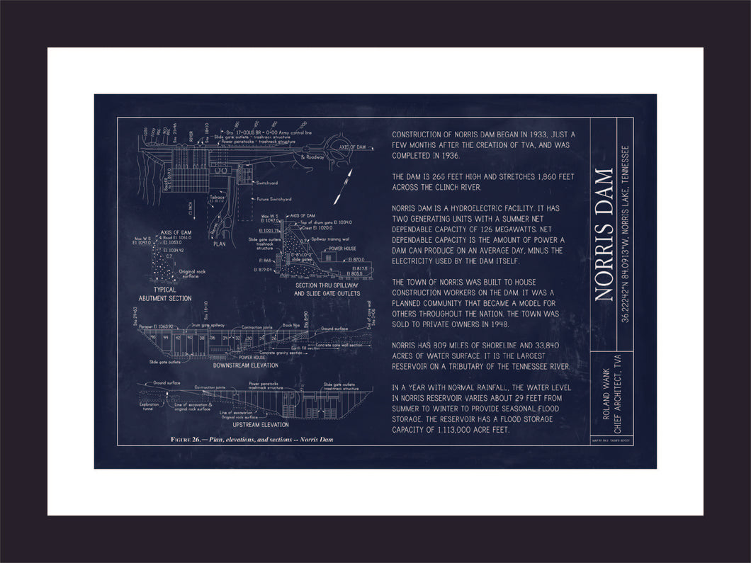 Norris Lake Dam Blueprint Fine Art Photo Print Framed & Double Matted