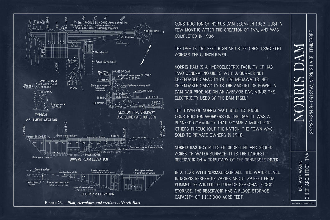 Norris Lake Dam Blueprint Canvas Gallery Wrap